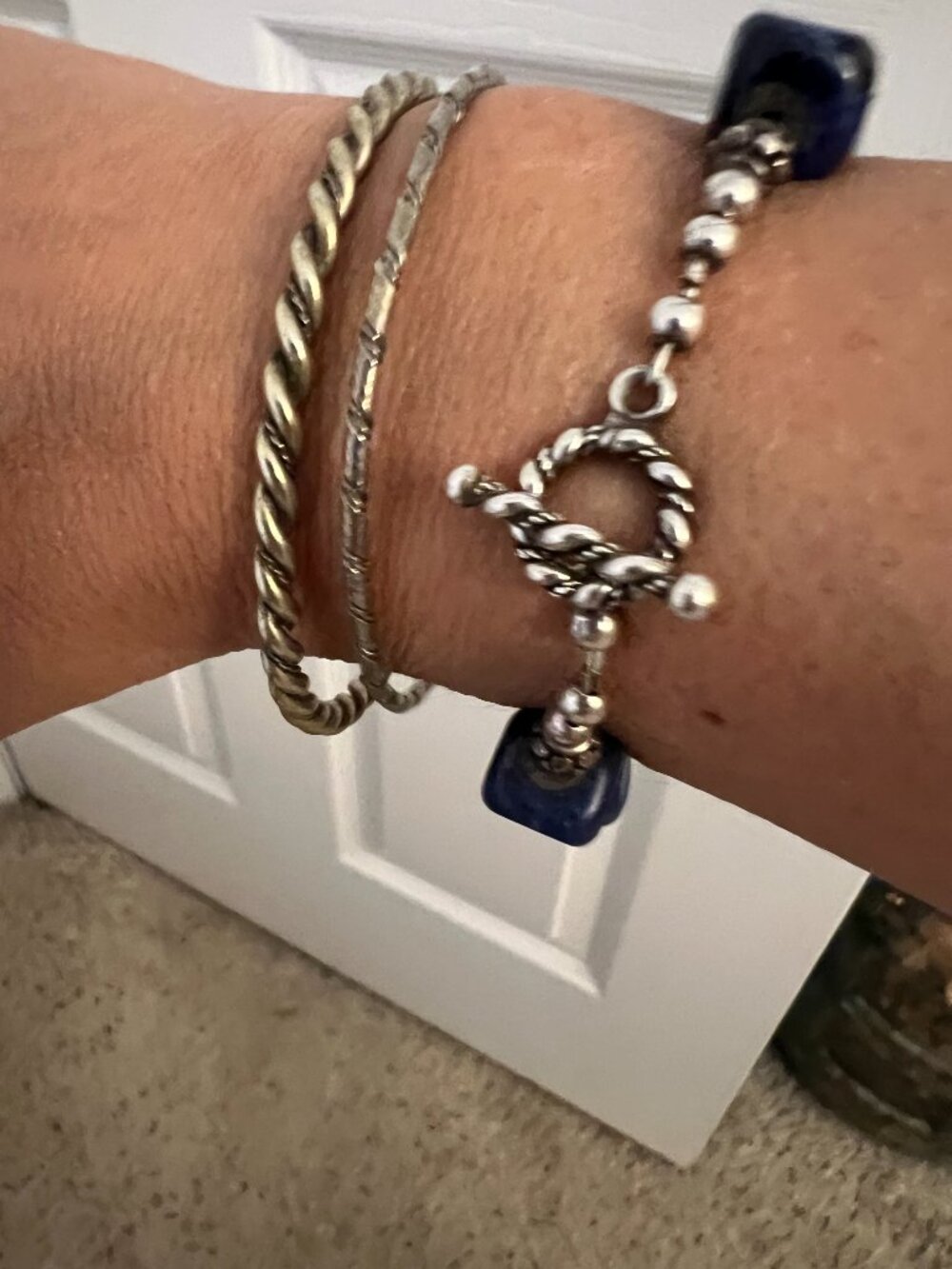3‑Piece Silver & Blue Bracelet Set – Rope, Bangle & Beaded